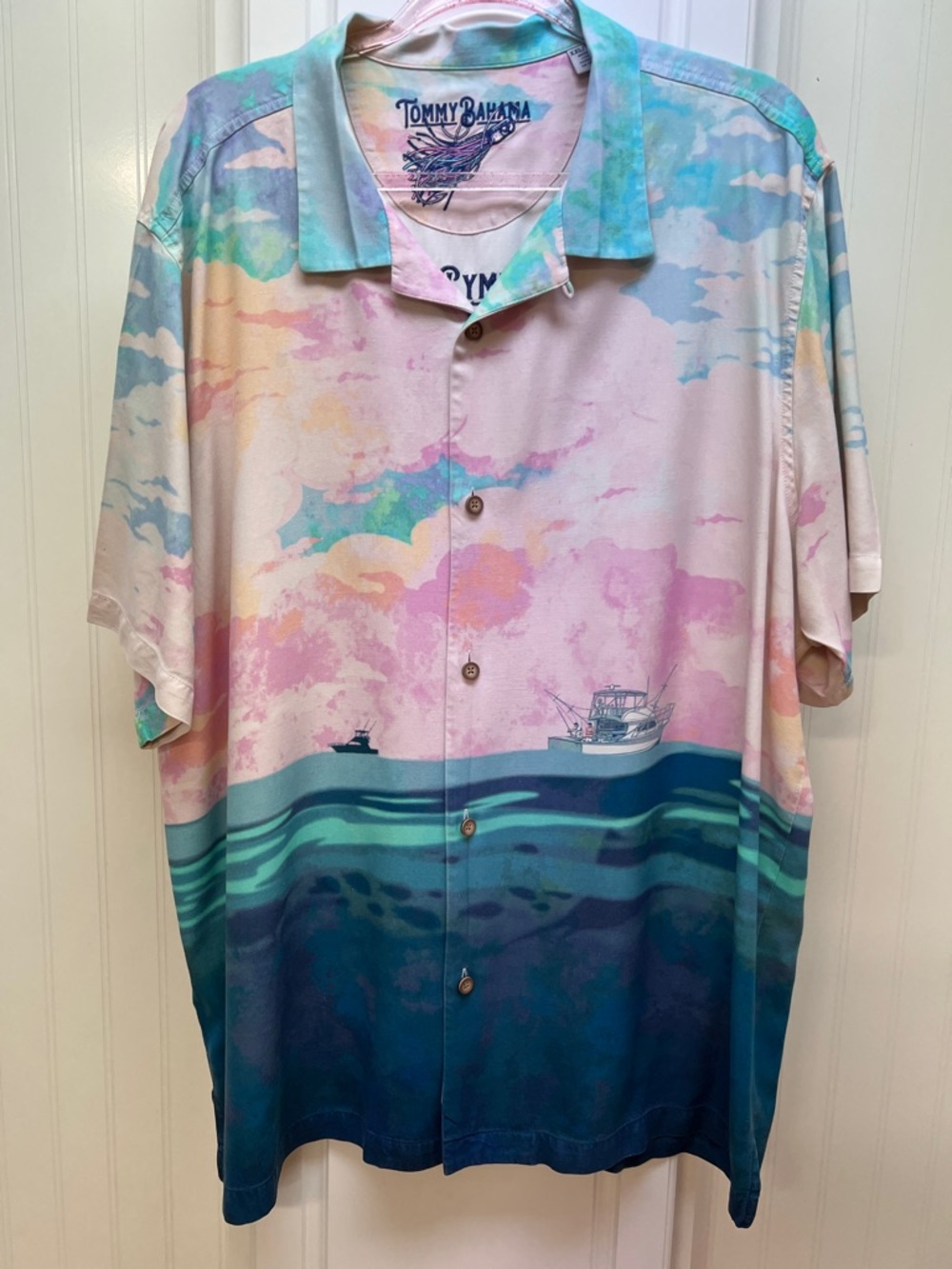 Tommy Bahama Men’s Pastel Ocean Scenic Camp Shirt - Teal, Pink, Blue